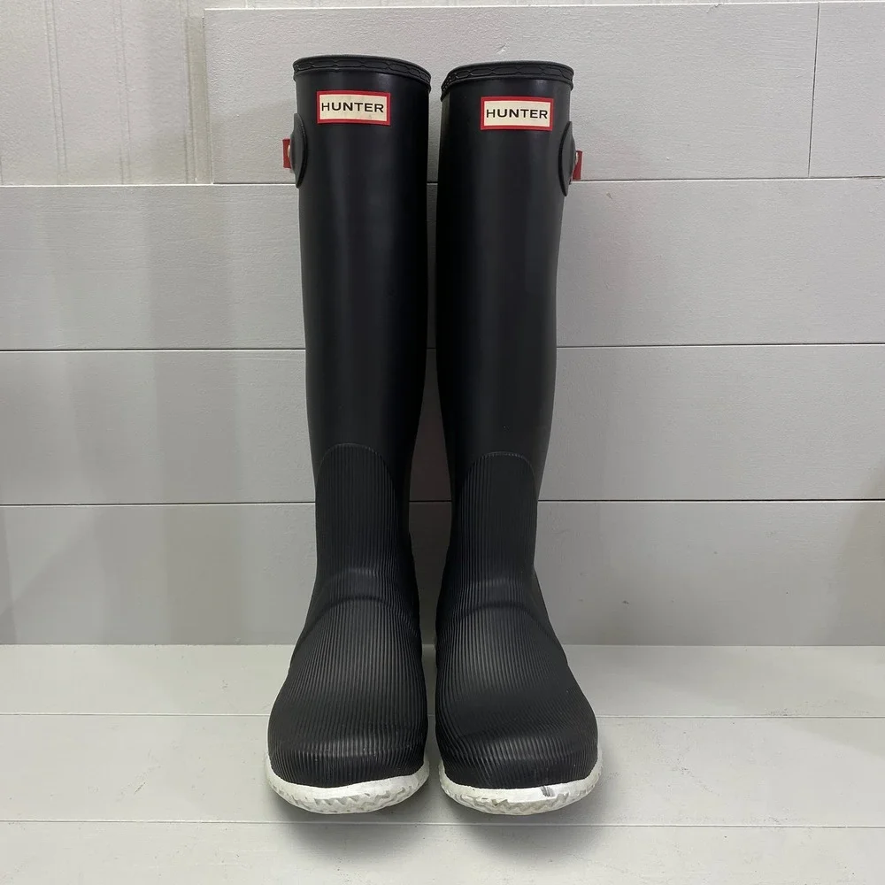 Hunter Original Tall Ribbed Rain Boots Women Size 9 Black White Red Buckle